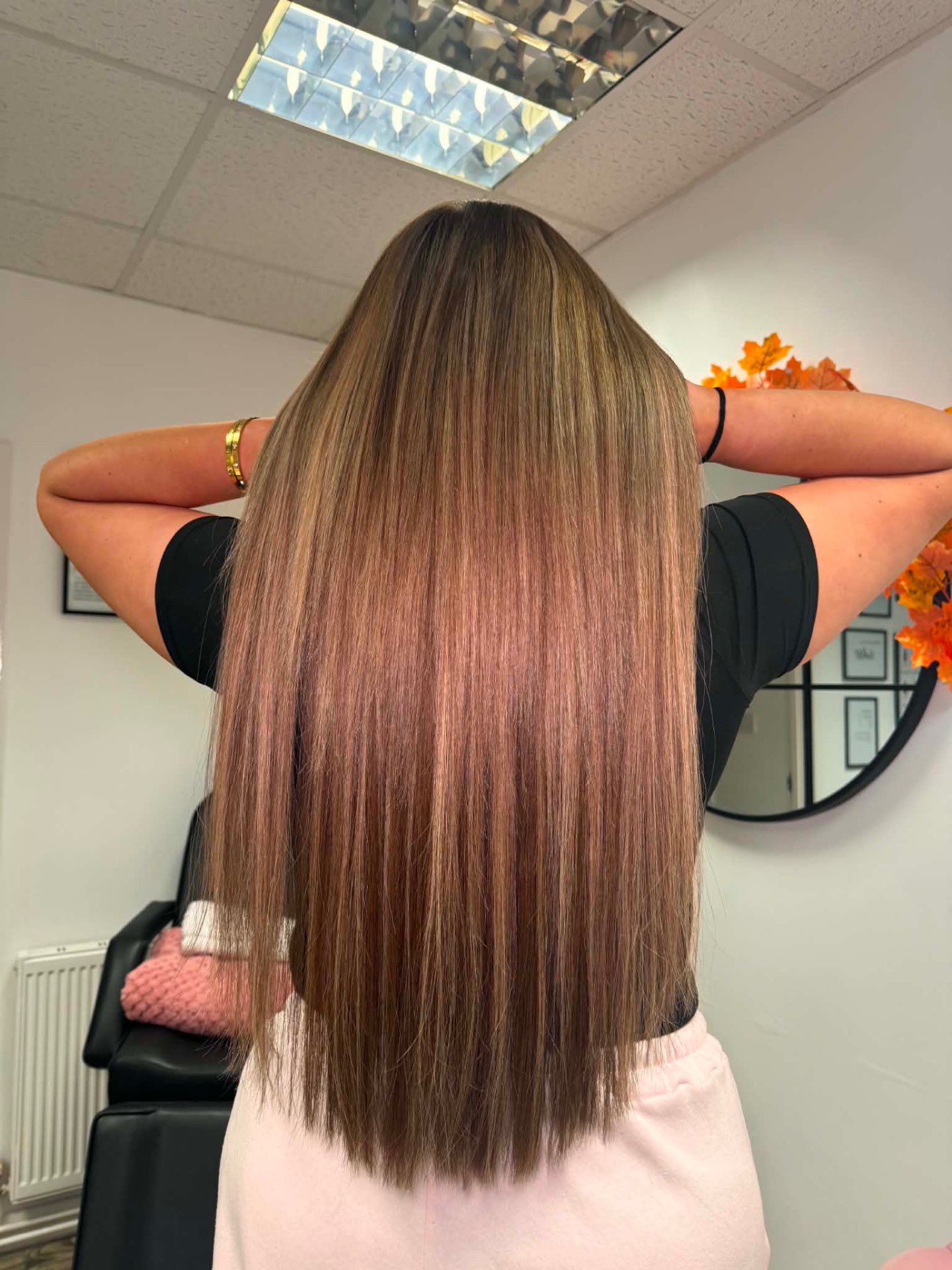 Long bronde hair styled smooth and straight from behind